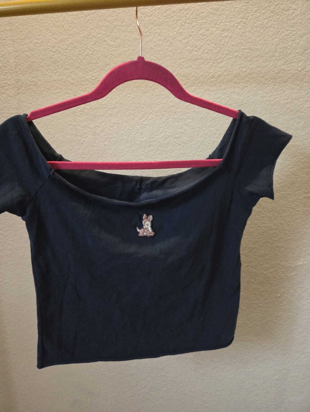 John Galt Navy Off-Shoulder Crop Top w/ Bunny Embroidery - One Size